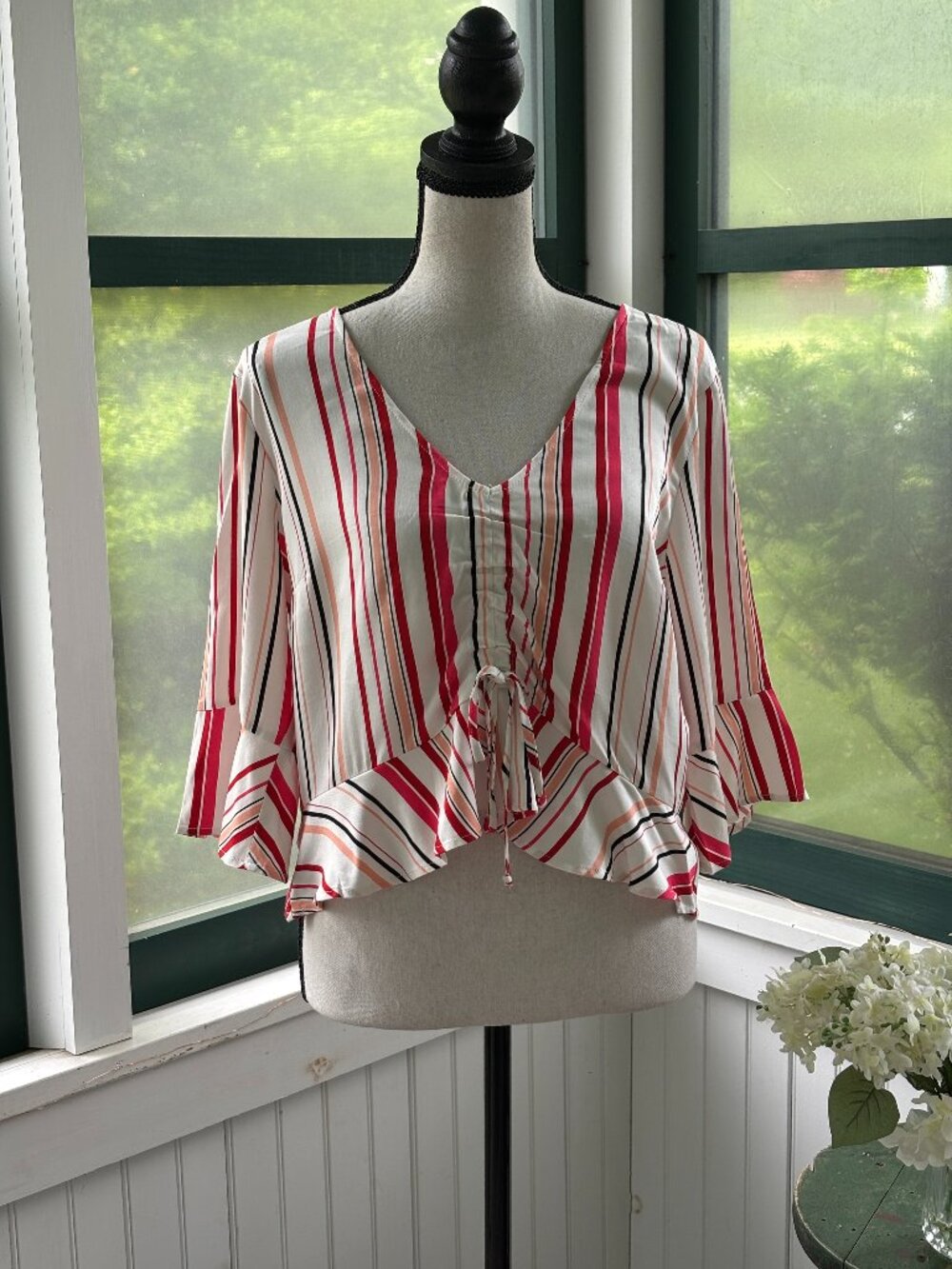 BB Dakota Ivory Stripe Ruffle Bell Sleeve Boho Crop Top — NWT